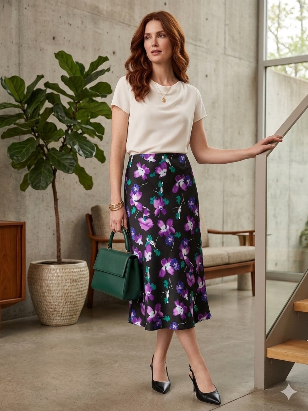 J. Crew Floral Satin Midi Skirt in Black and Purple